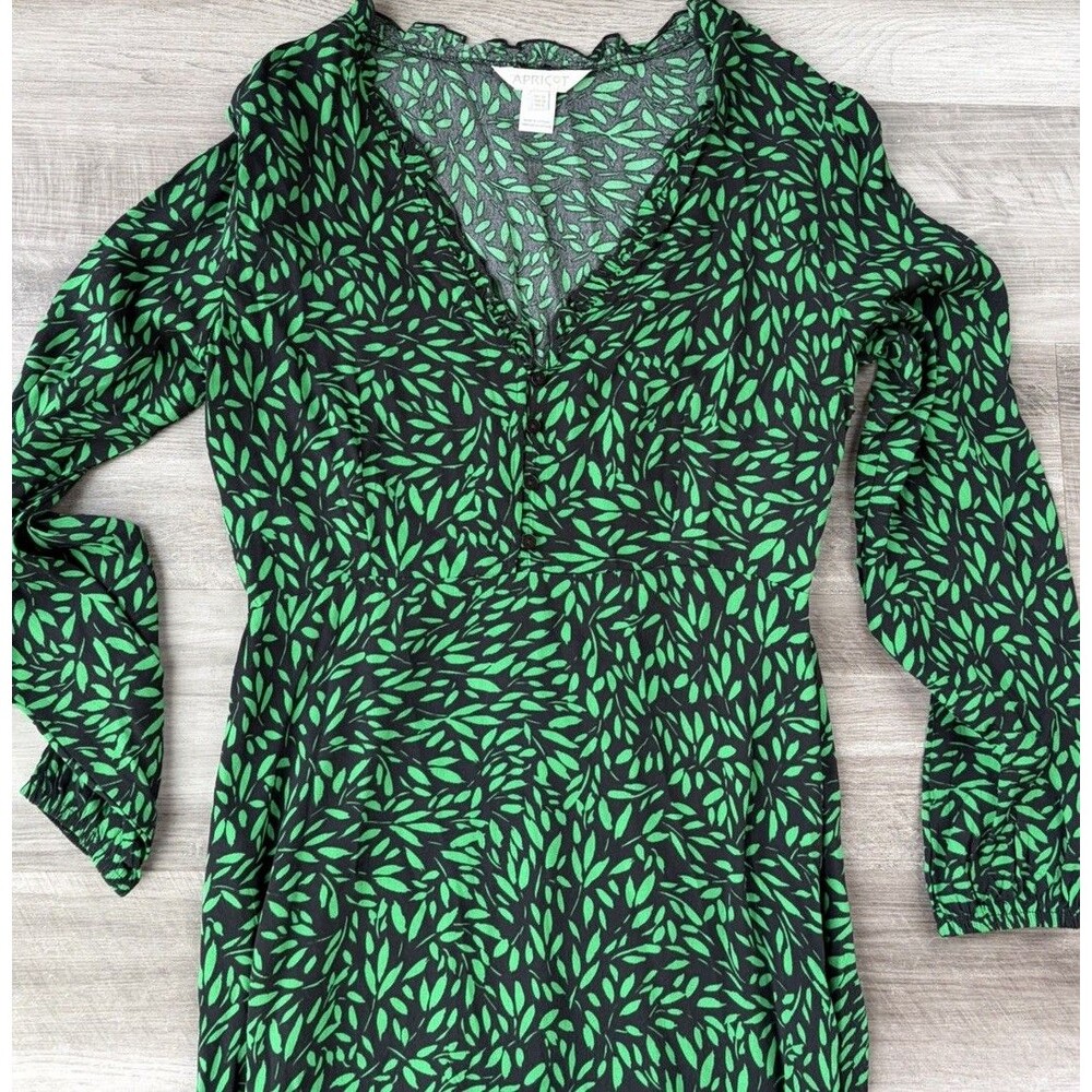 Apricot Green Black Floral Long Sleeve Dress Size 8 V-Neck - Picture 3 of 8